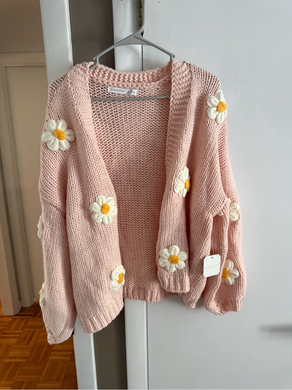 Altar'd State Blush Pink Daisy-Appliqué Chunky Knit Cardigan